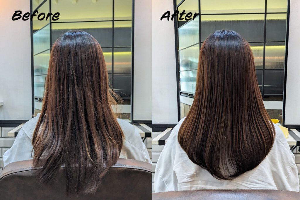 施術後、ツヤとまとまりを取り戻した髪。自然光の下で輝くつやつやの髪が印象的。